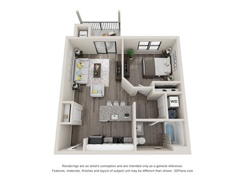 Floor plan for 1 bed, 1 bath, 663 sqft